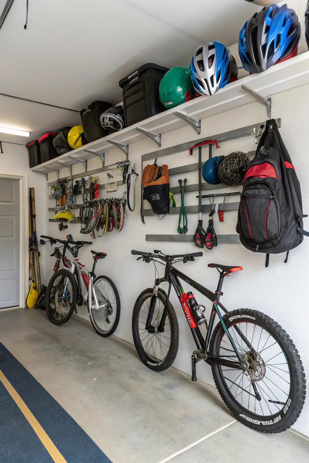 A garage designed for organizing bikes and sports equipment.