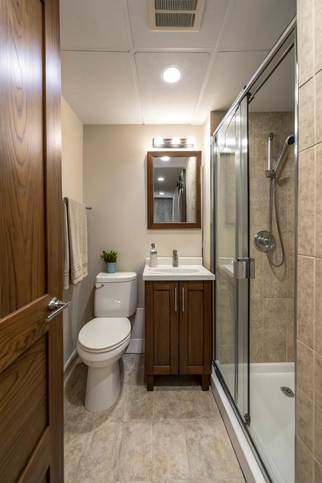 Functional floor plans optimize space use in narrow bathrooms.