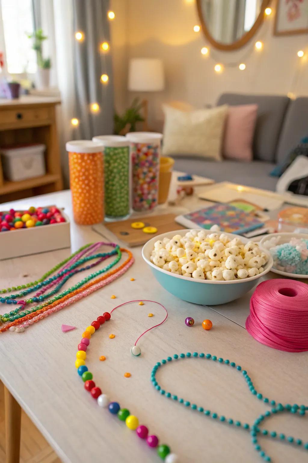 Crafting popcorn necklaces for a fun and quirky accessory.