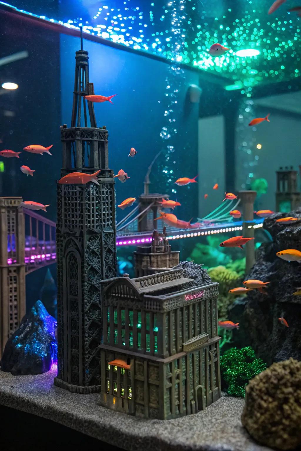 A themed environment with neon elements adds personality to this aquarium.