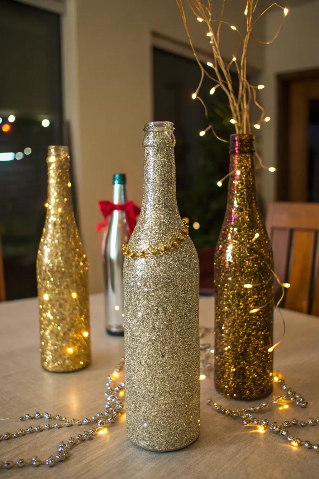 DIY glitter bottles add a sparkling touch to the New Year's Eve decor.