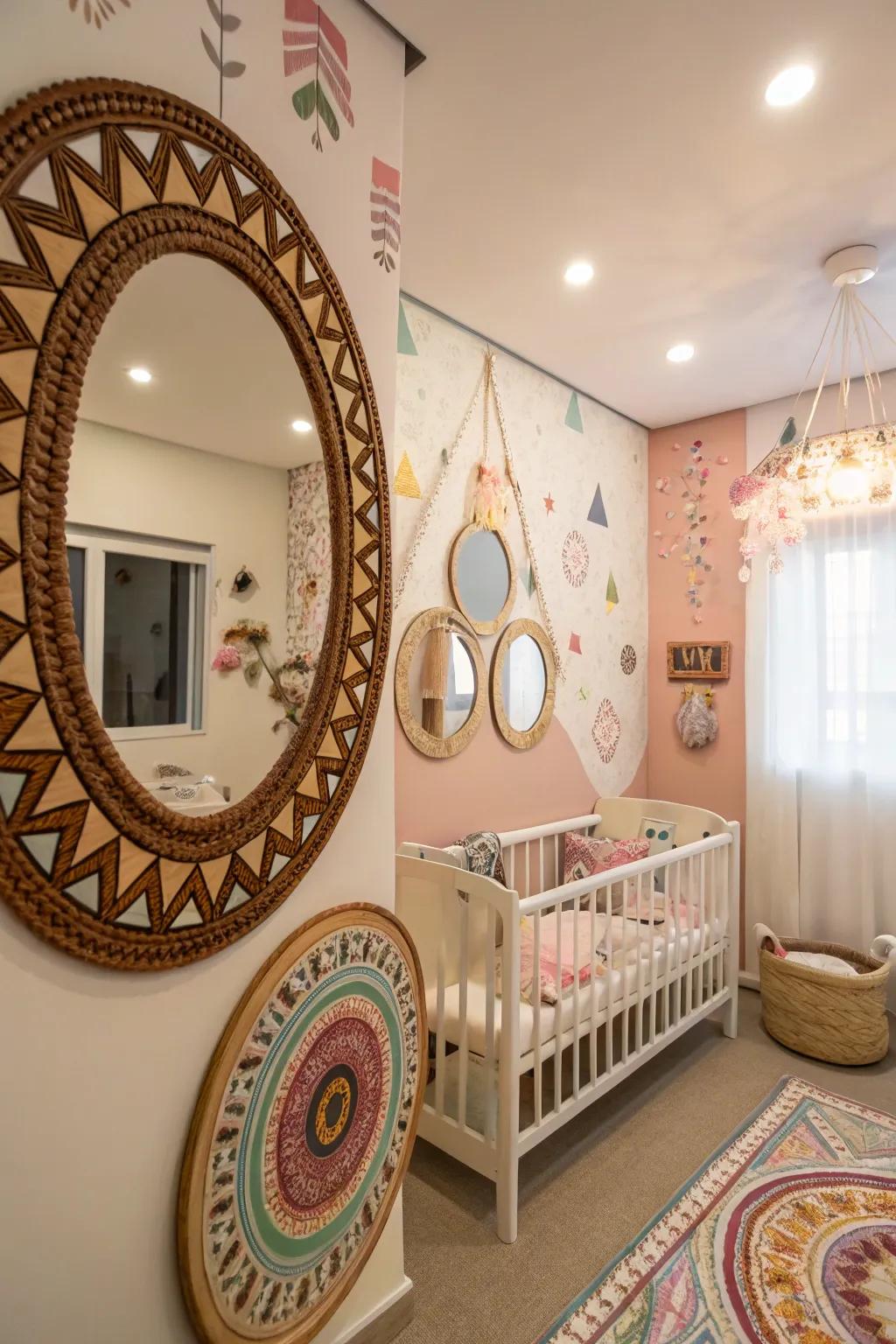 Artisan mirrors bring a touch of cultural flair to this nursery.