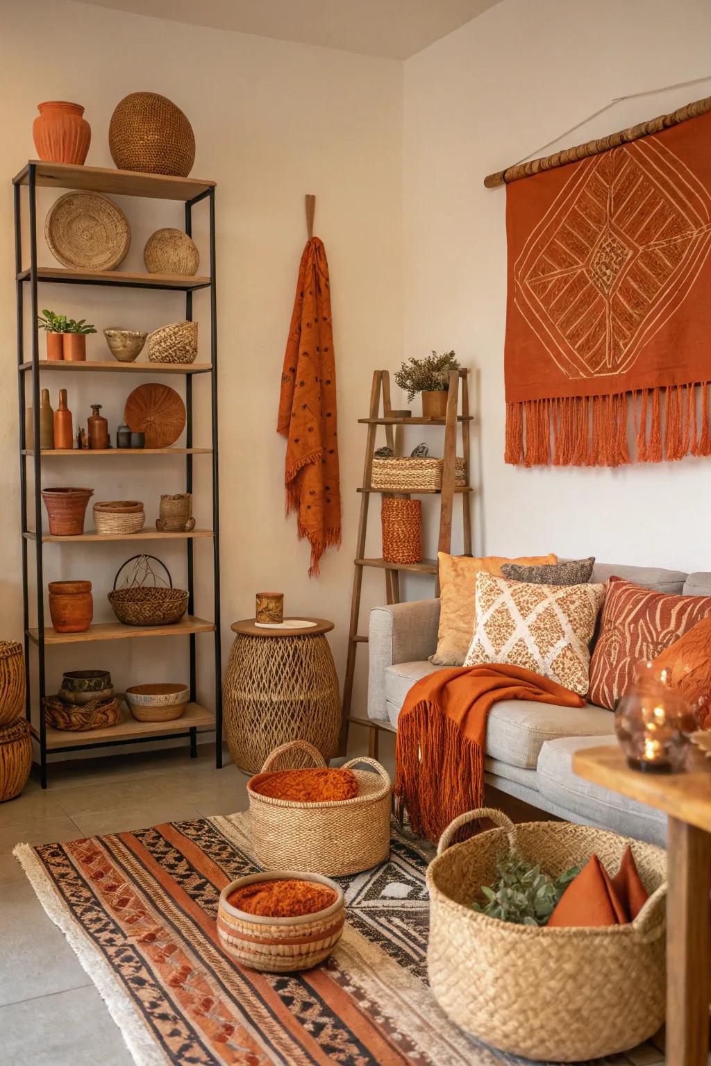 Artisanal crafts in orange add unique character and storytelling to the space.