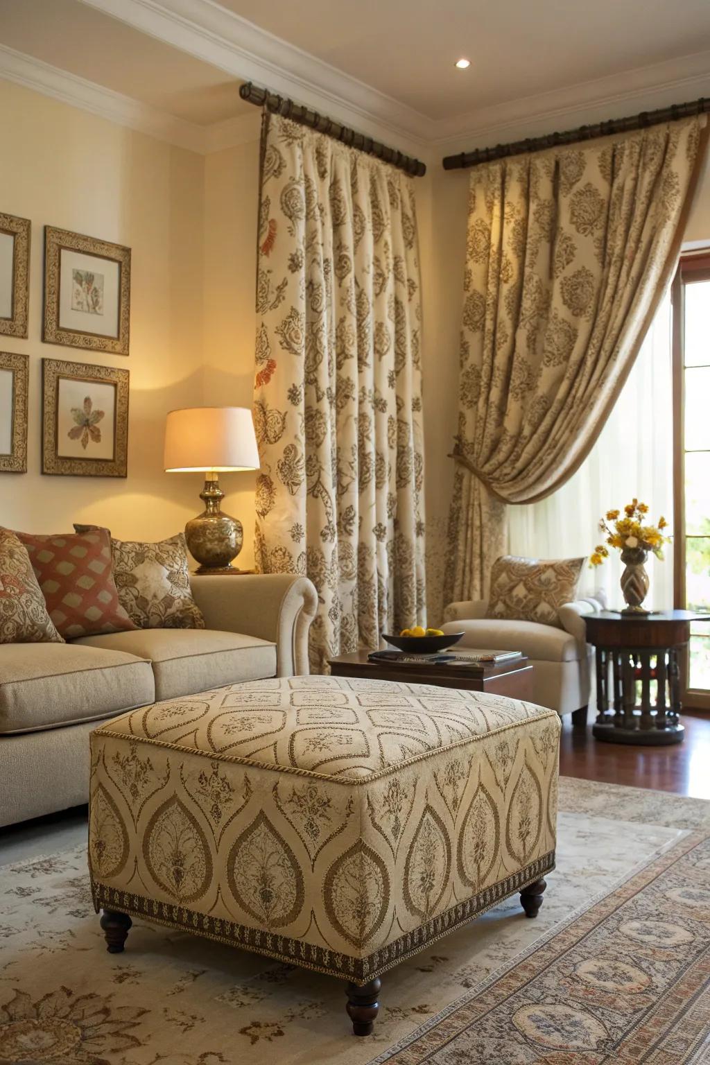 Coordinated ottoman and curtains for a unified look