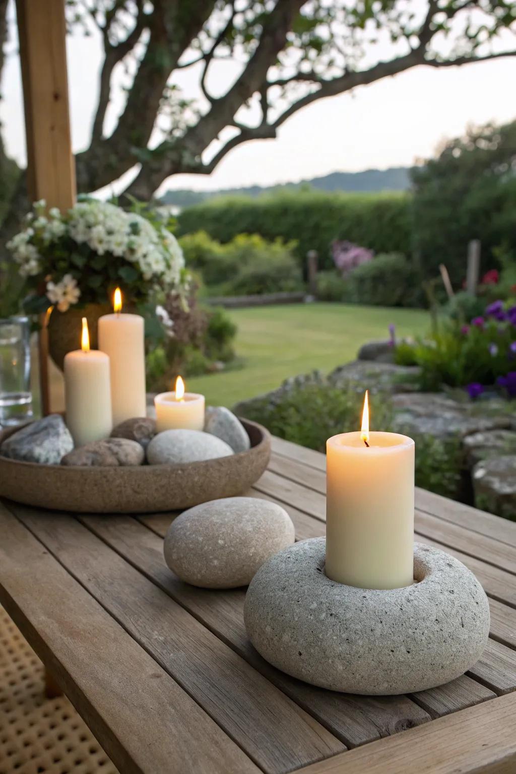 Stones offer a minimalist and natural base for candles.