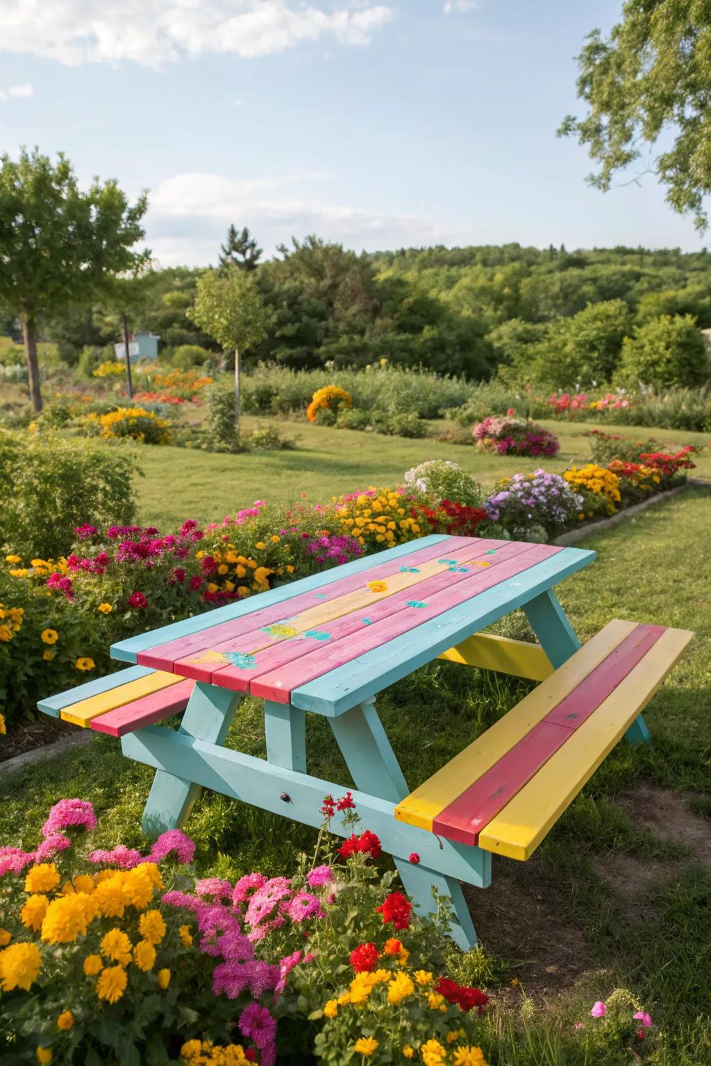 Colorful tables add a joyful splash to any outdoor space.