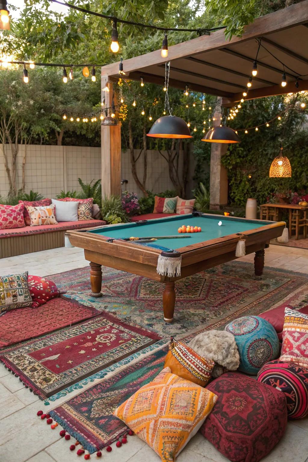 A bohemian-style pool table area with eclectic and colorful decor.