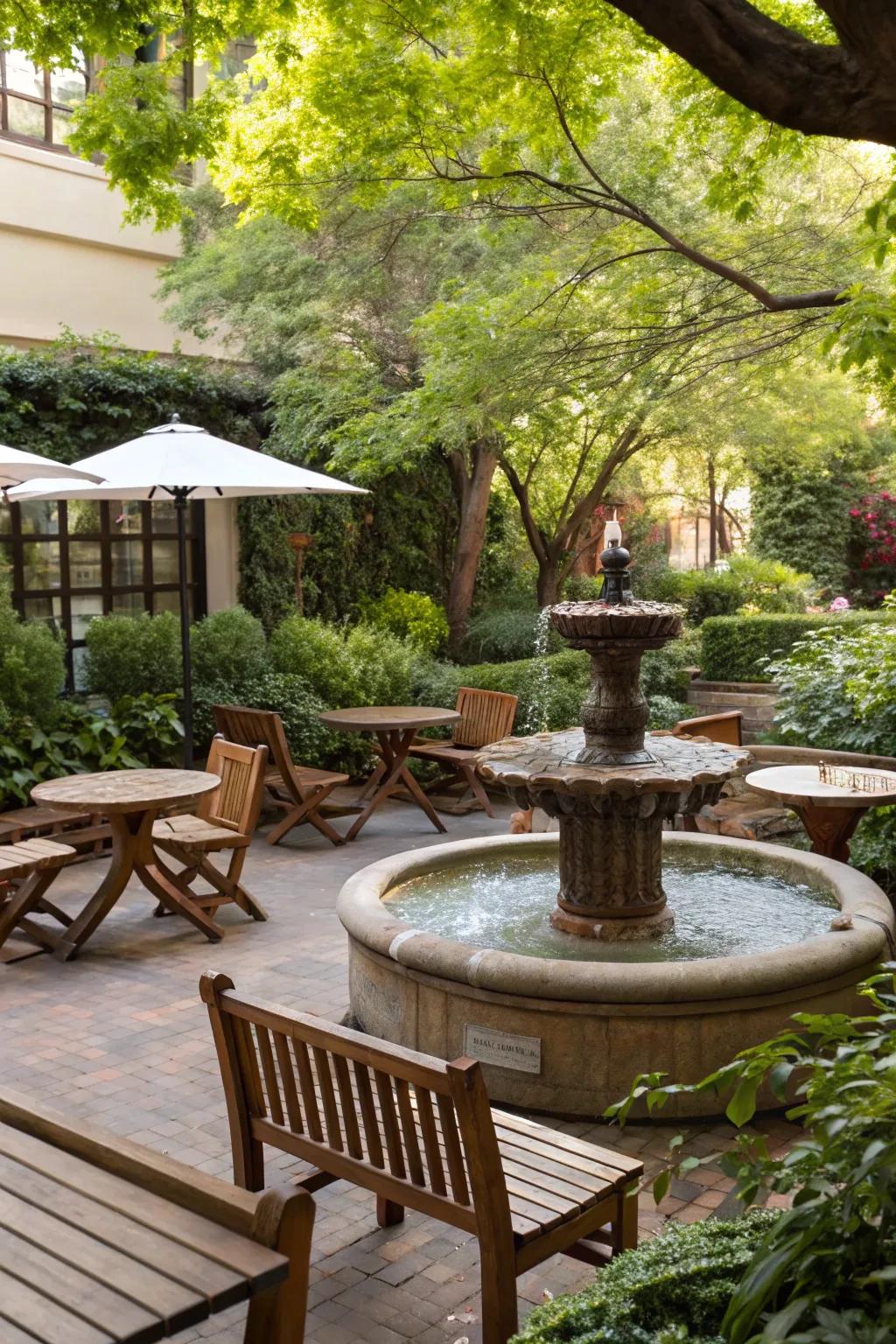 Water features bring a calming element to your outdoor seating area.