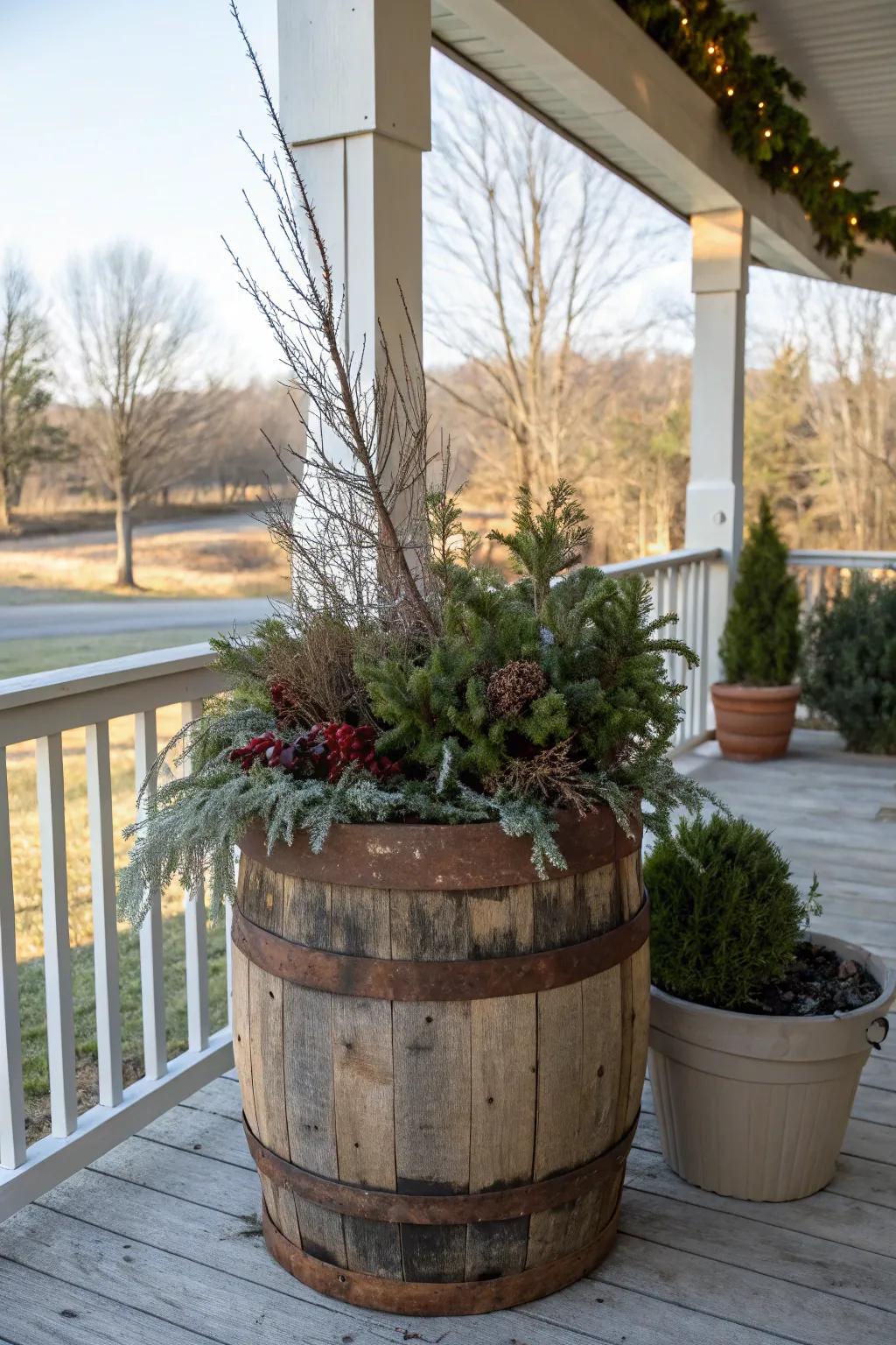 Rustic containers add warmth and charm to winter displays.