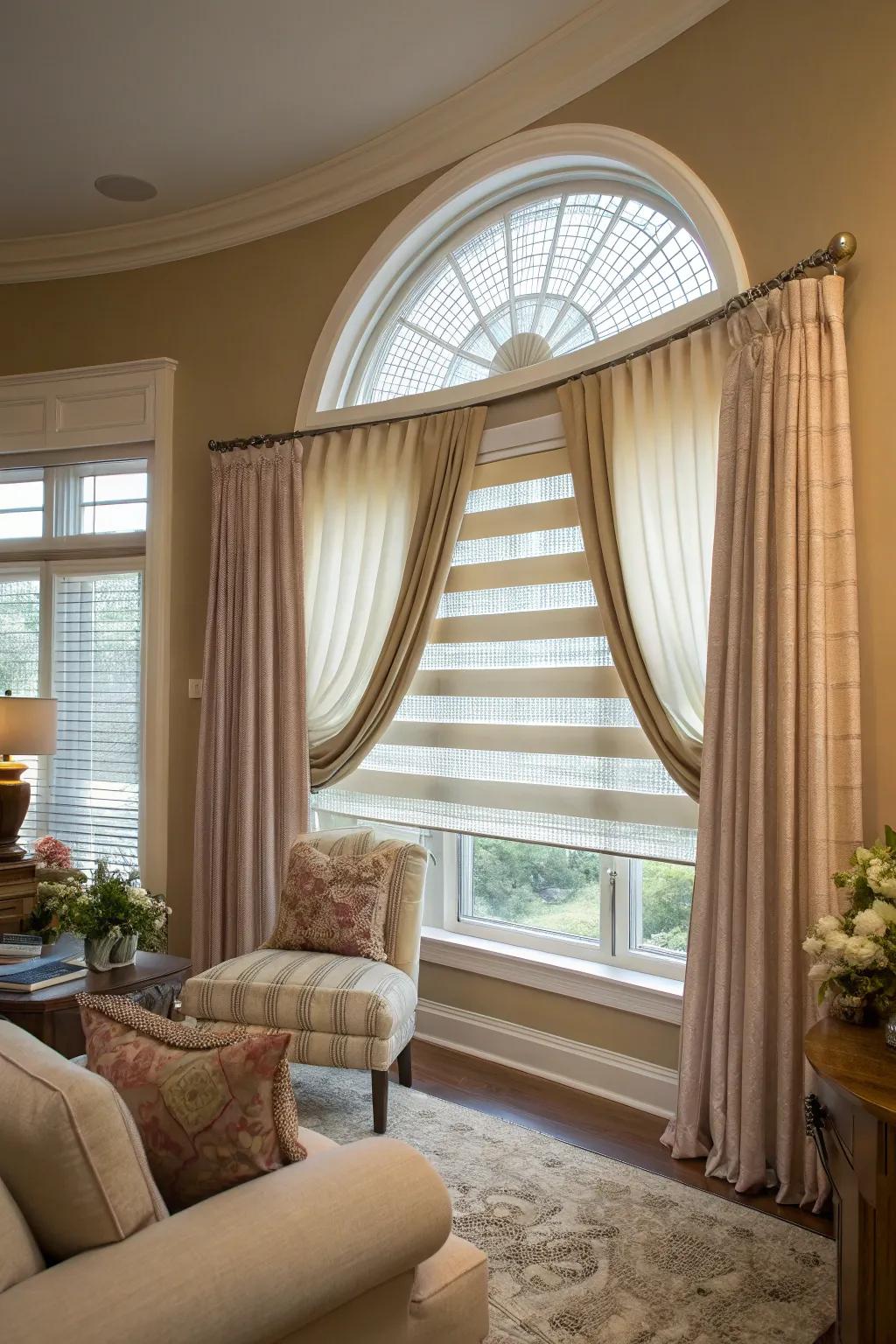 Layered treatments offer flexibility and style for oval windows.