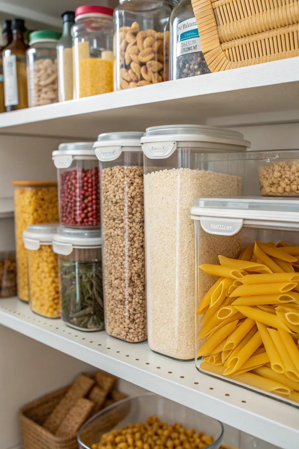 A pantry shelf organized with clear containers for grains and pasta.