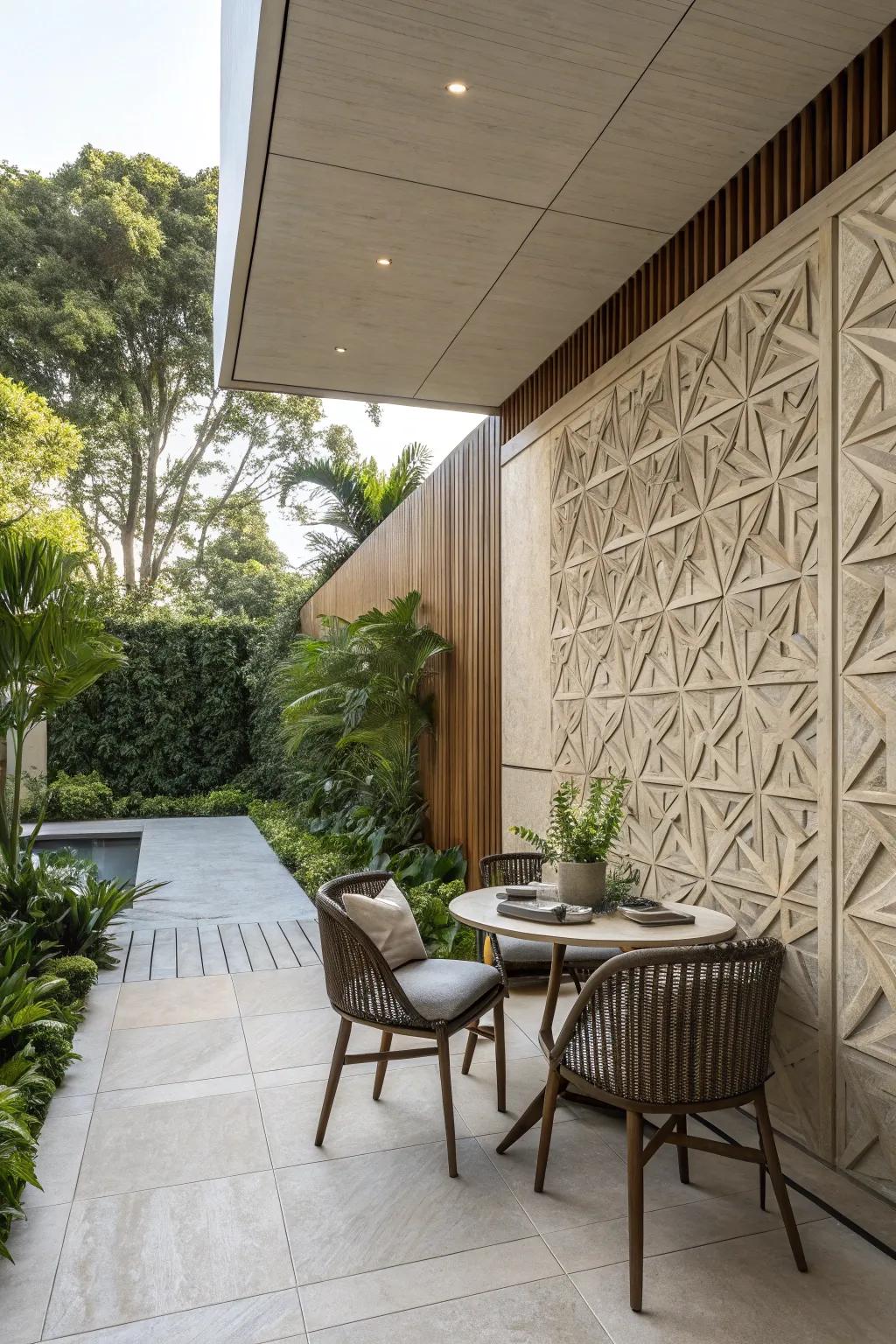 Architectural paneling adds depth and texture to the patio wall.