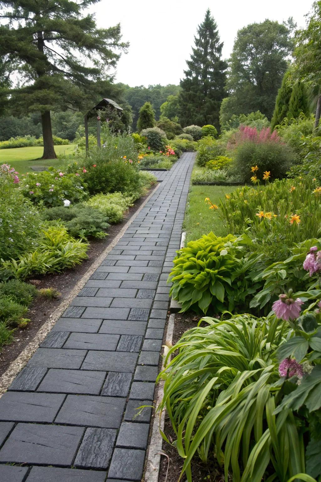 A bold basalt walkway with a striking garden contrast.