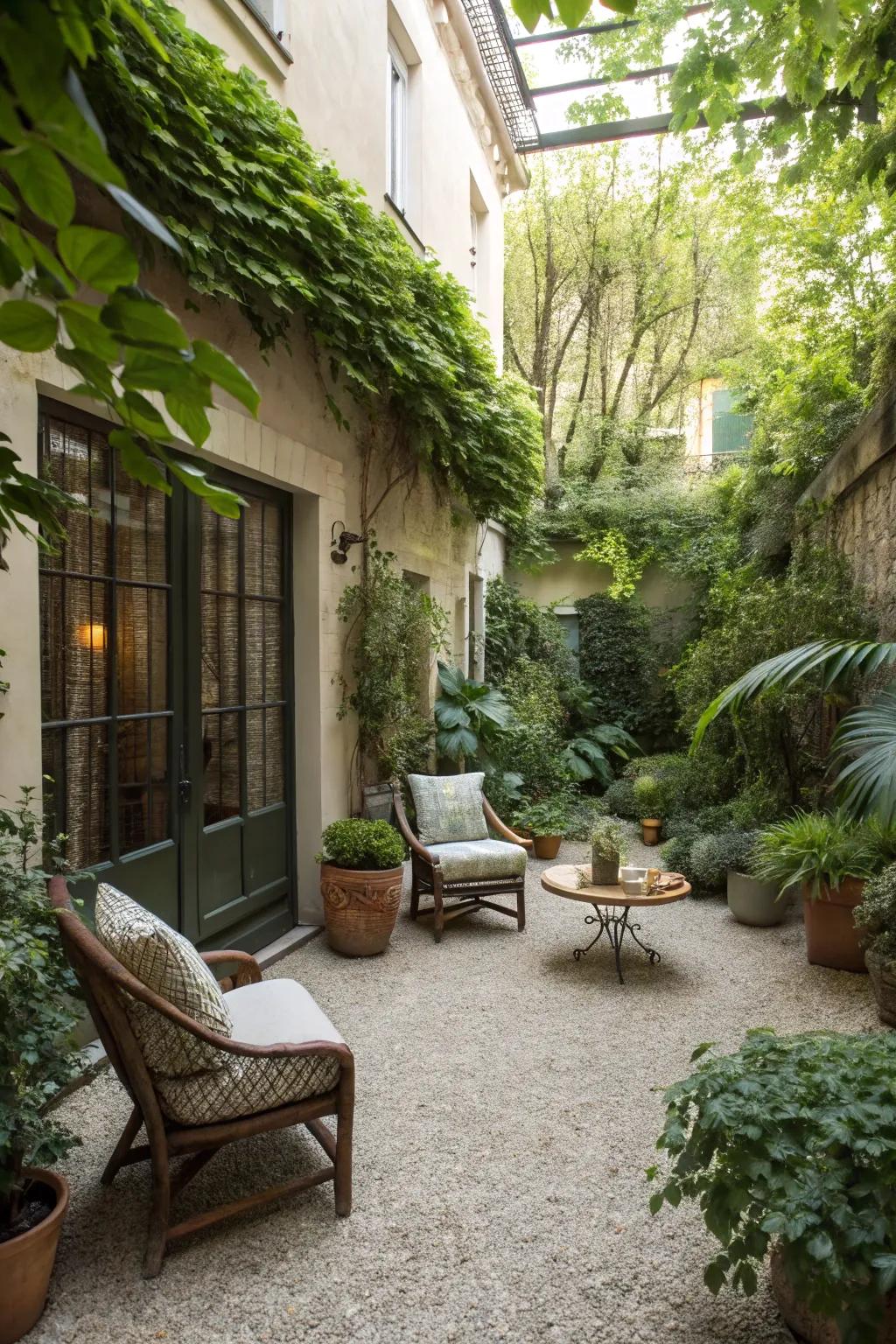 An elegant courtyard retreat with lush greenery.