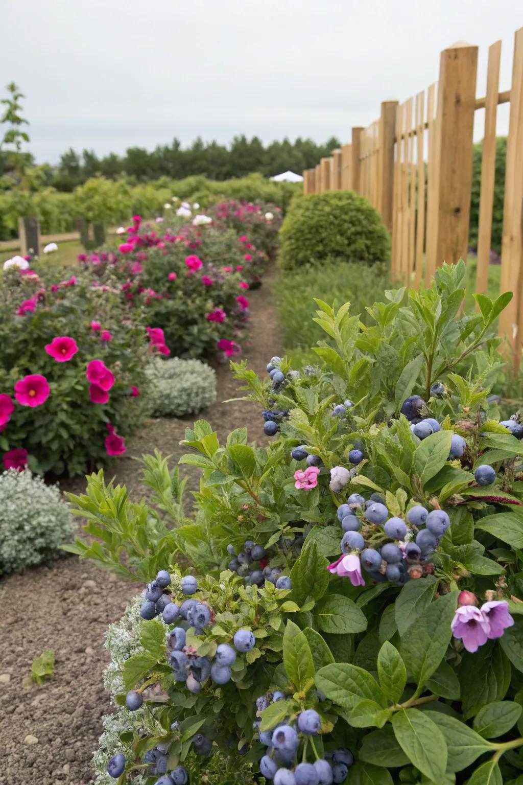 Blueberries and petunias offer a fruity and vibrant garden pairing.