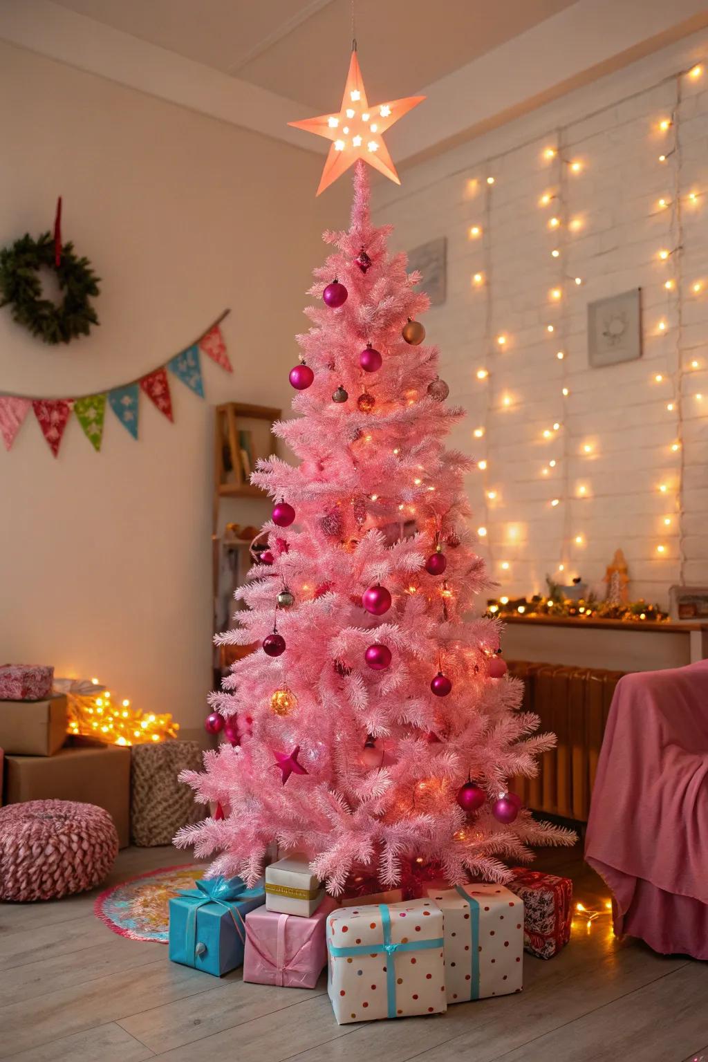 A sparkling star tops off this pink tree with classic charm.