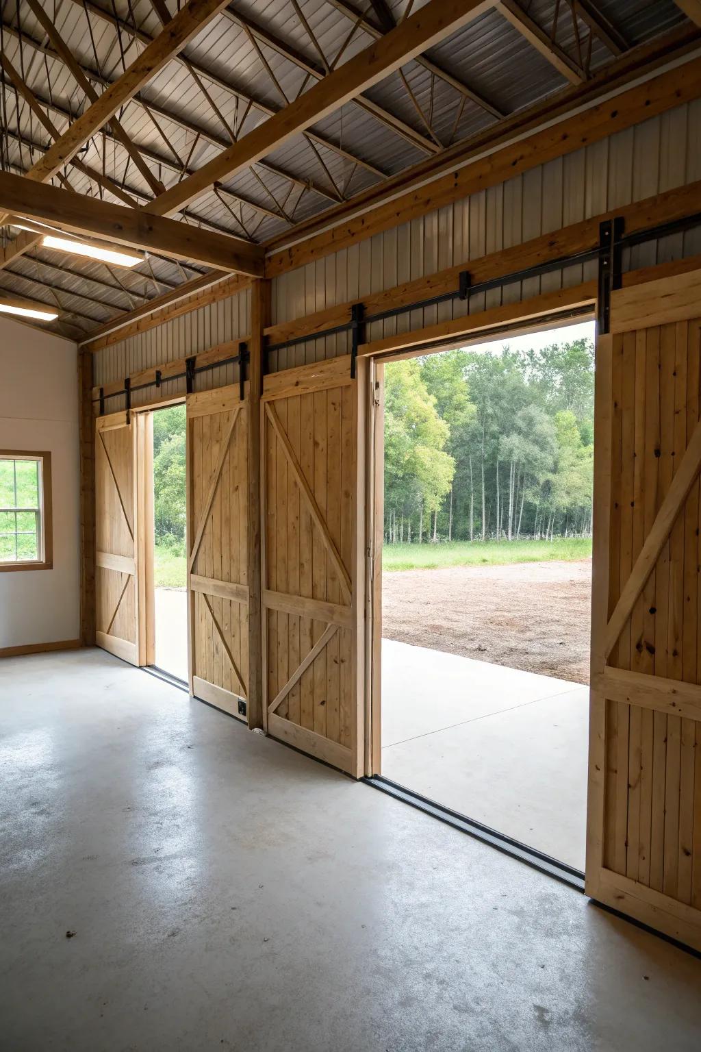 Sliding barn doors in a pole barn being used as practical room dividers.