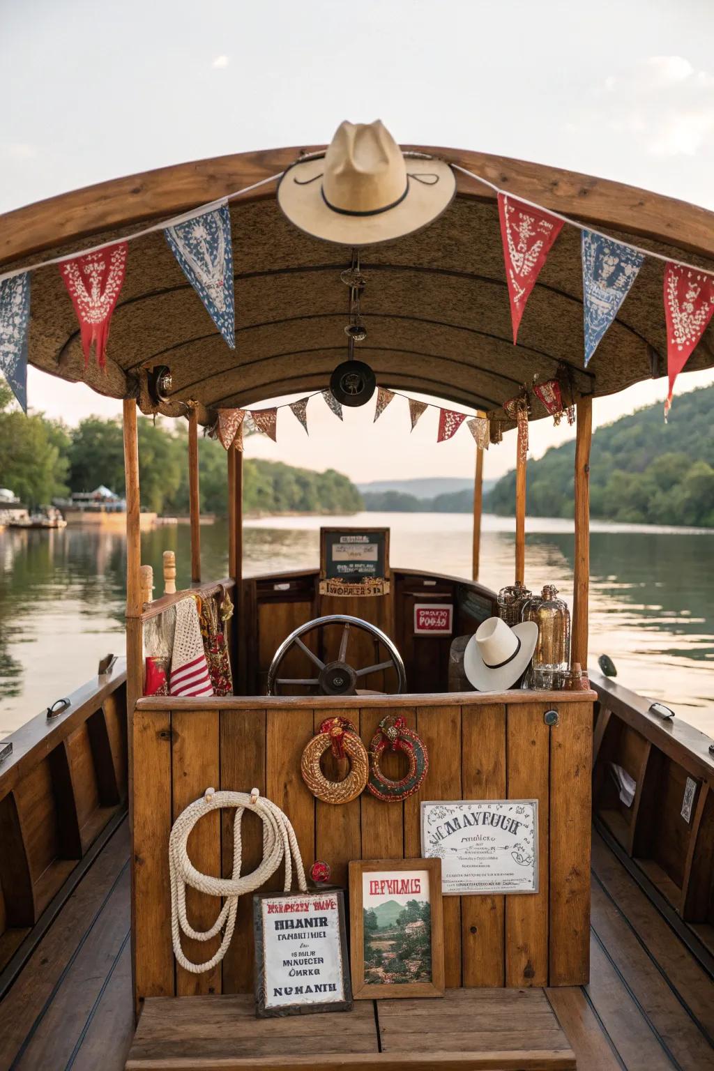 Wild West-themed pontoon boat ready for a cowboy adventure.