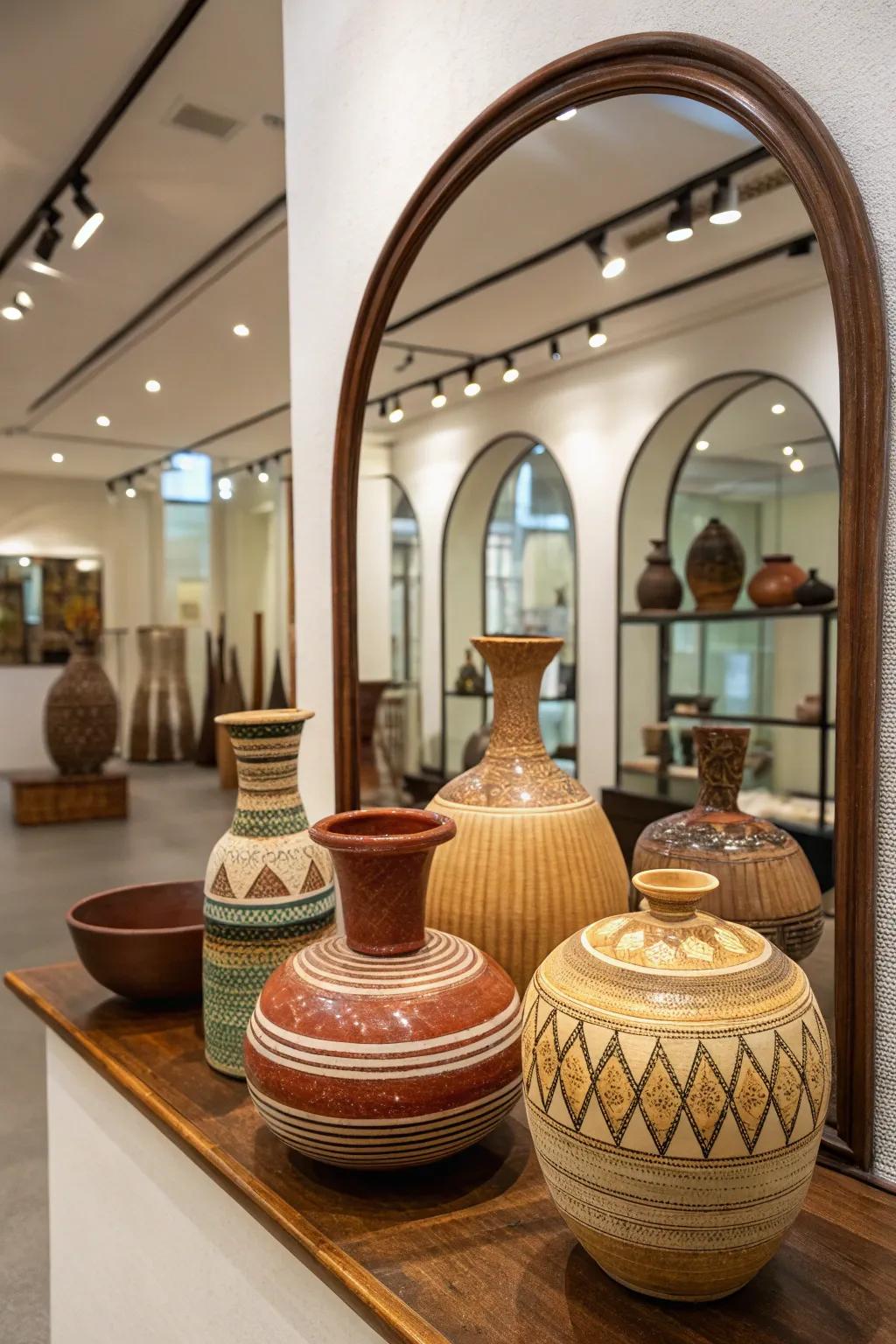Pottery display enhanced by a mirrored backdrop.