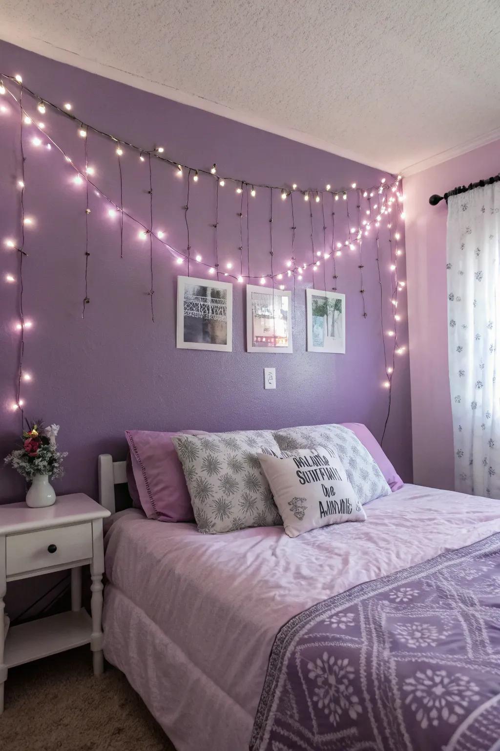 Whimsical fairy lights adding a magical touch to violet walls.