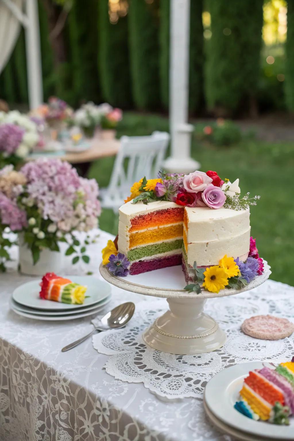 Edible flowers add a delicate beauty to the rainbow cake.