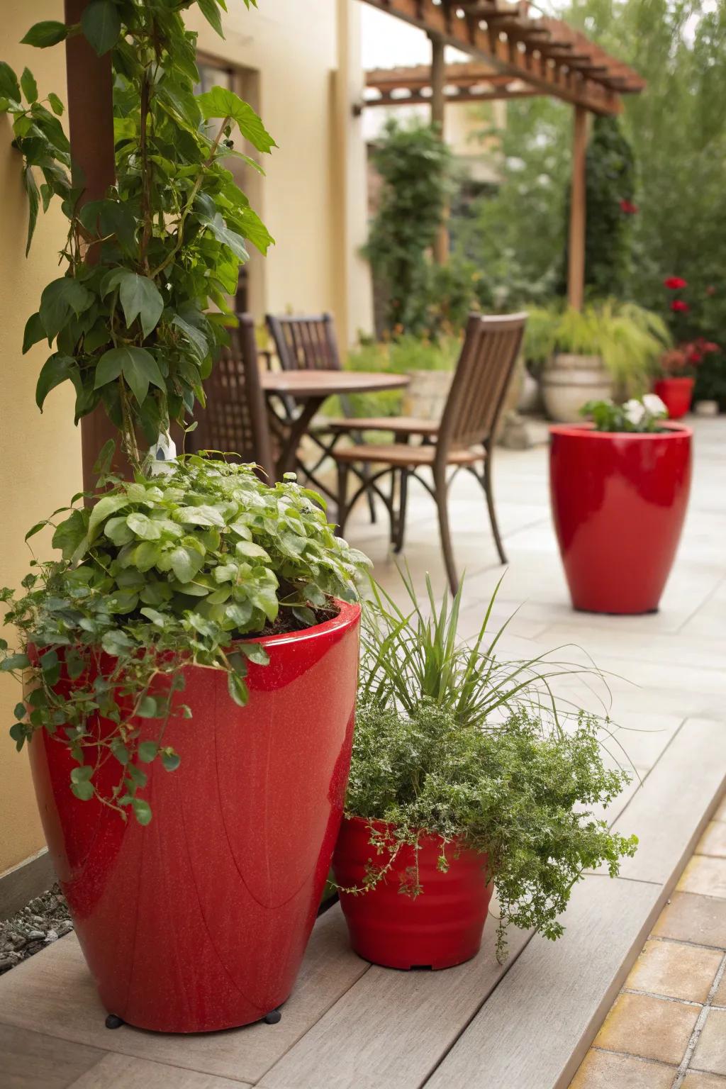 Red planters and lush greenery create a harmonious setting.