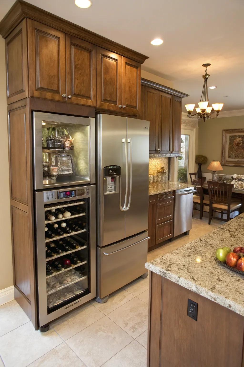 A multifunctional refrigerator surround adds dynamic features to the kitchen.