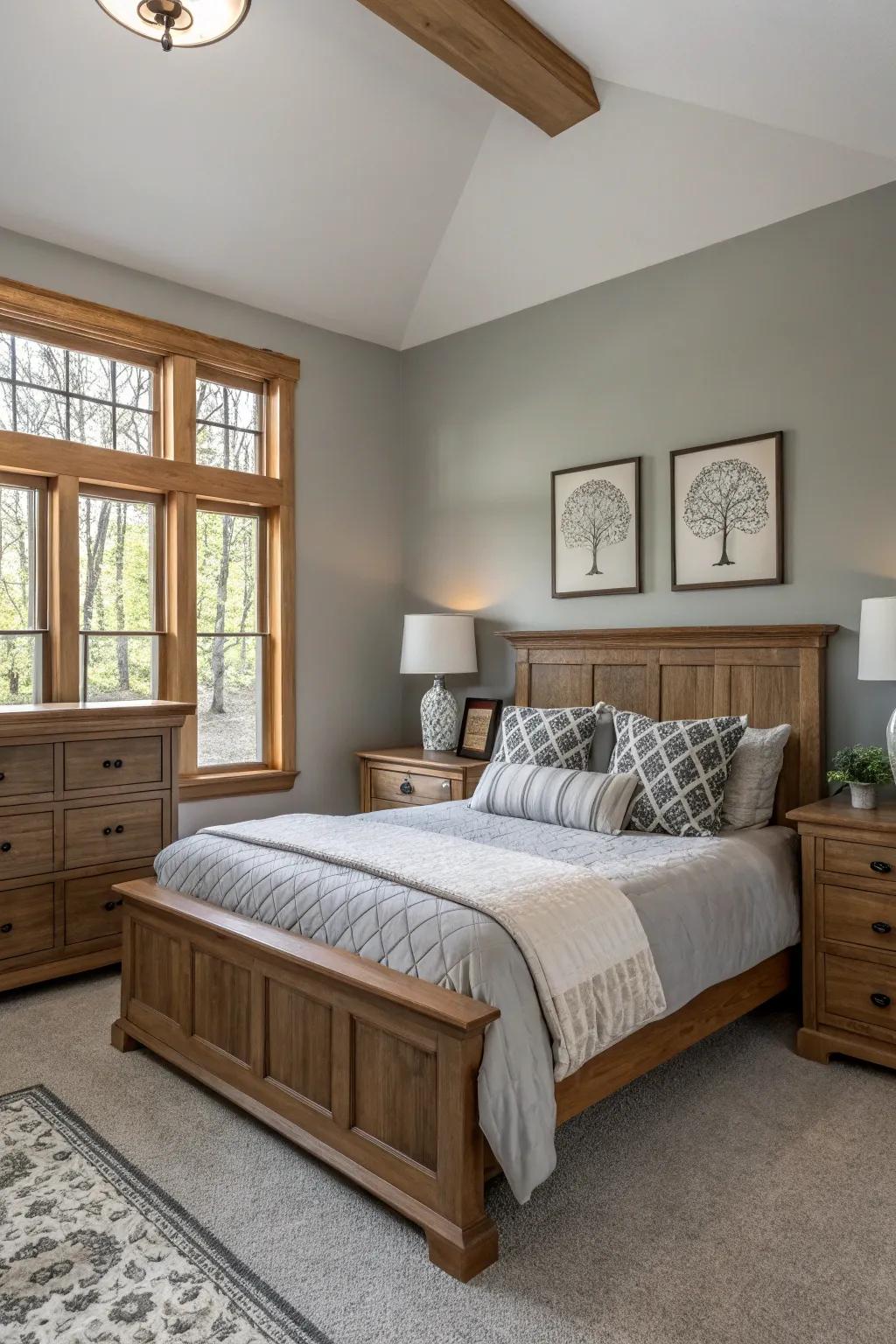 Wooden accents enhance the rustic charm of a Revere Pewter bedroom.