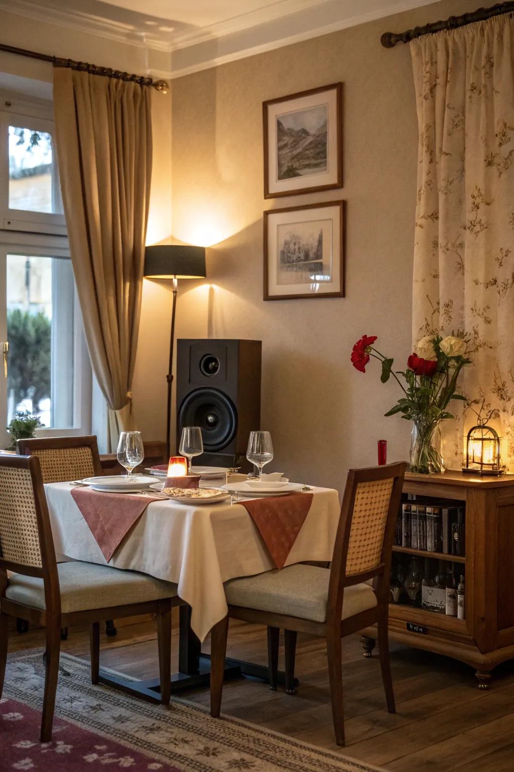 Soft music provides the perfect auditory backdrop to your romantic dining experience.