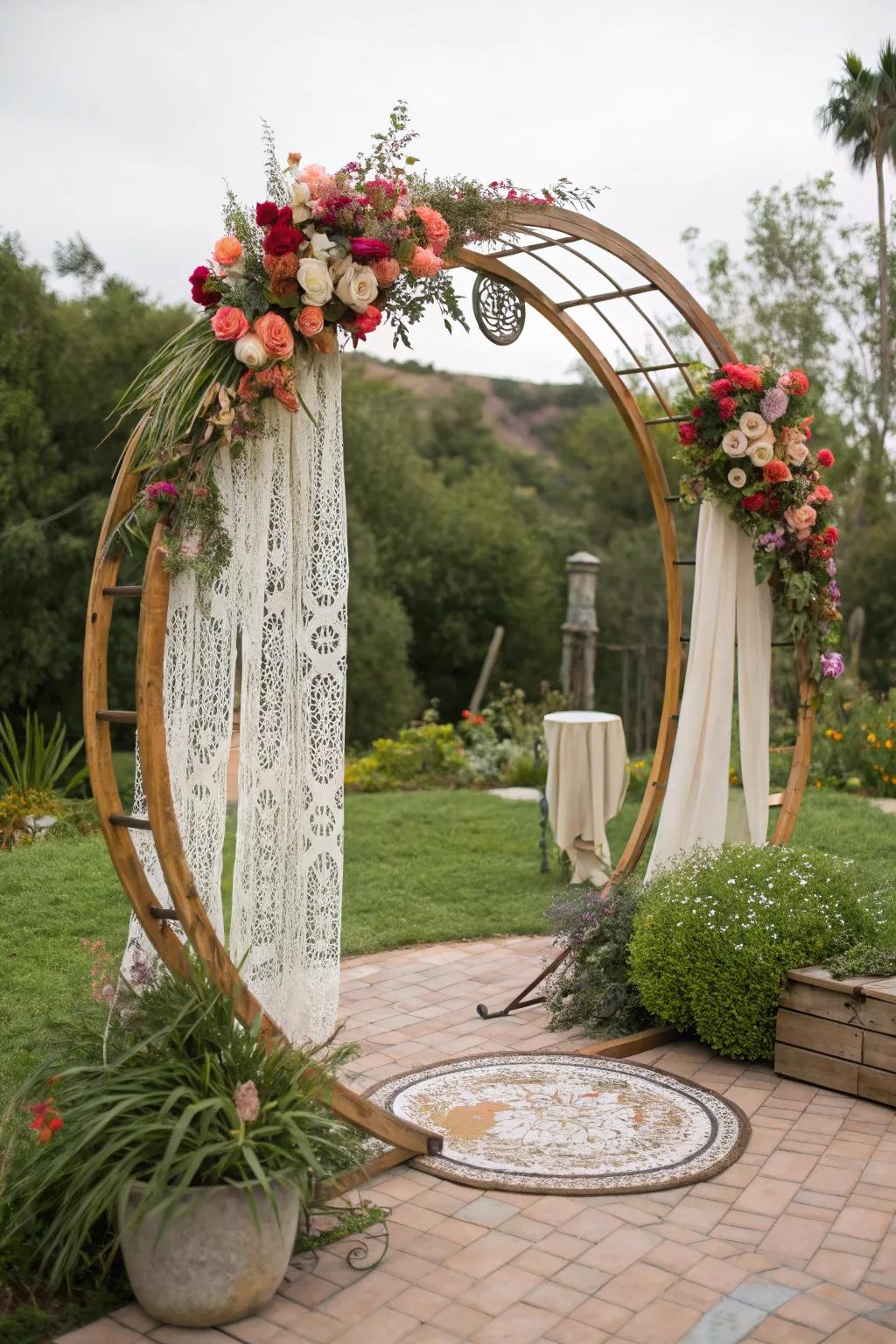 An eclectic round wedding arch with mixed materials.