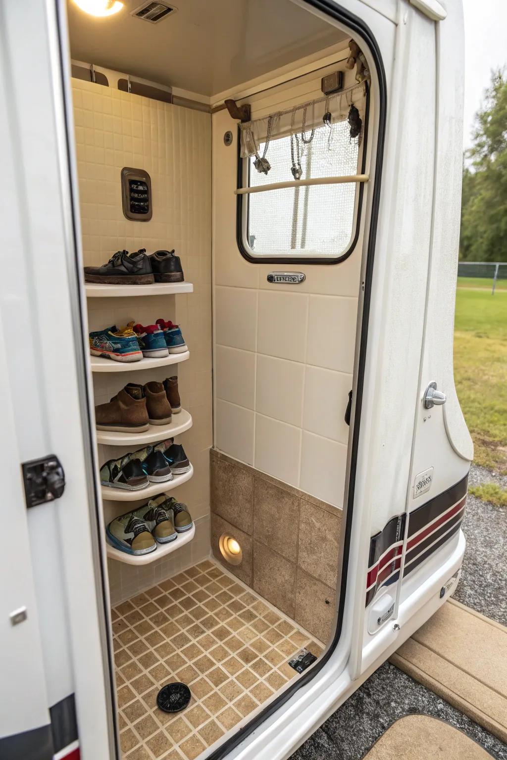 The shower isn’t just for showers; store shoes here too.