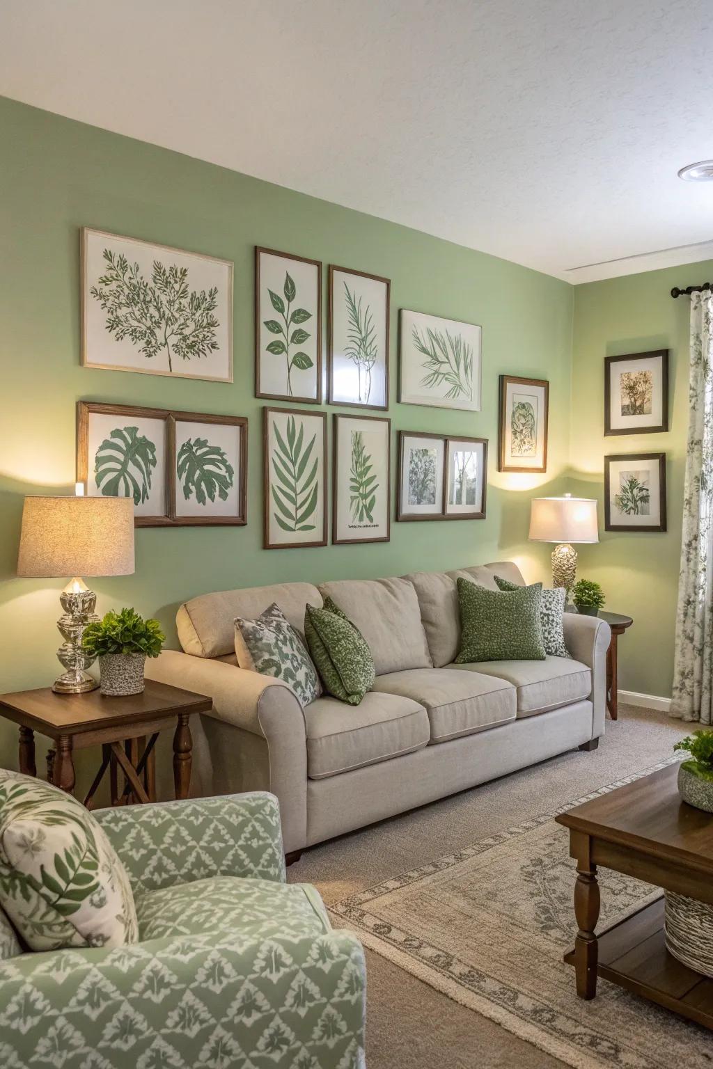 A living room where sage green wall art ties the decor together.