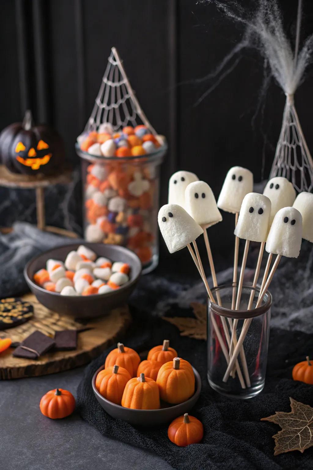 Ghost-shaped marshmallow pops, a sweet and spooky delight.