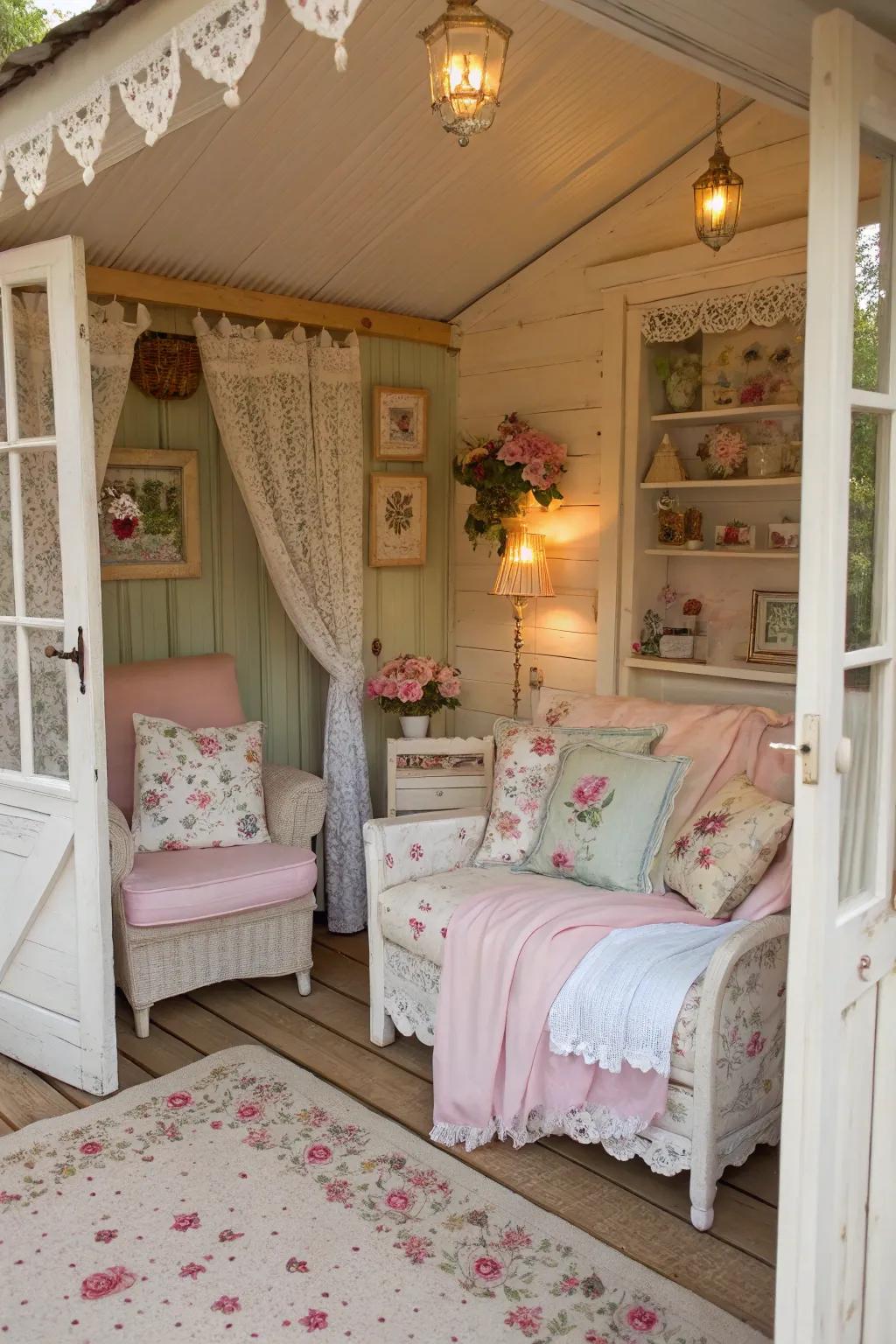 Design a shabby chic haven in your she shed with soft colors and vintage decor.