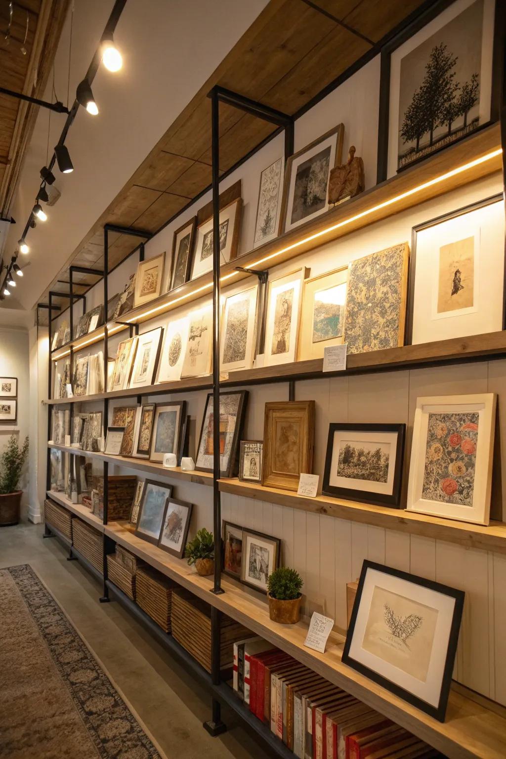 Shelves serving as a gallery for framed artwork.