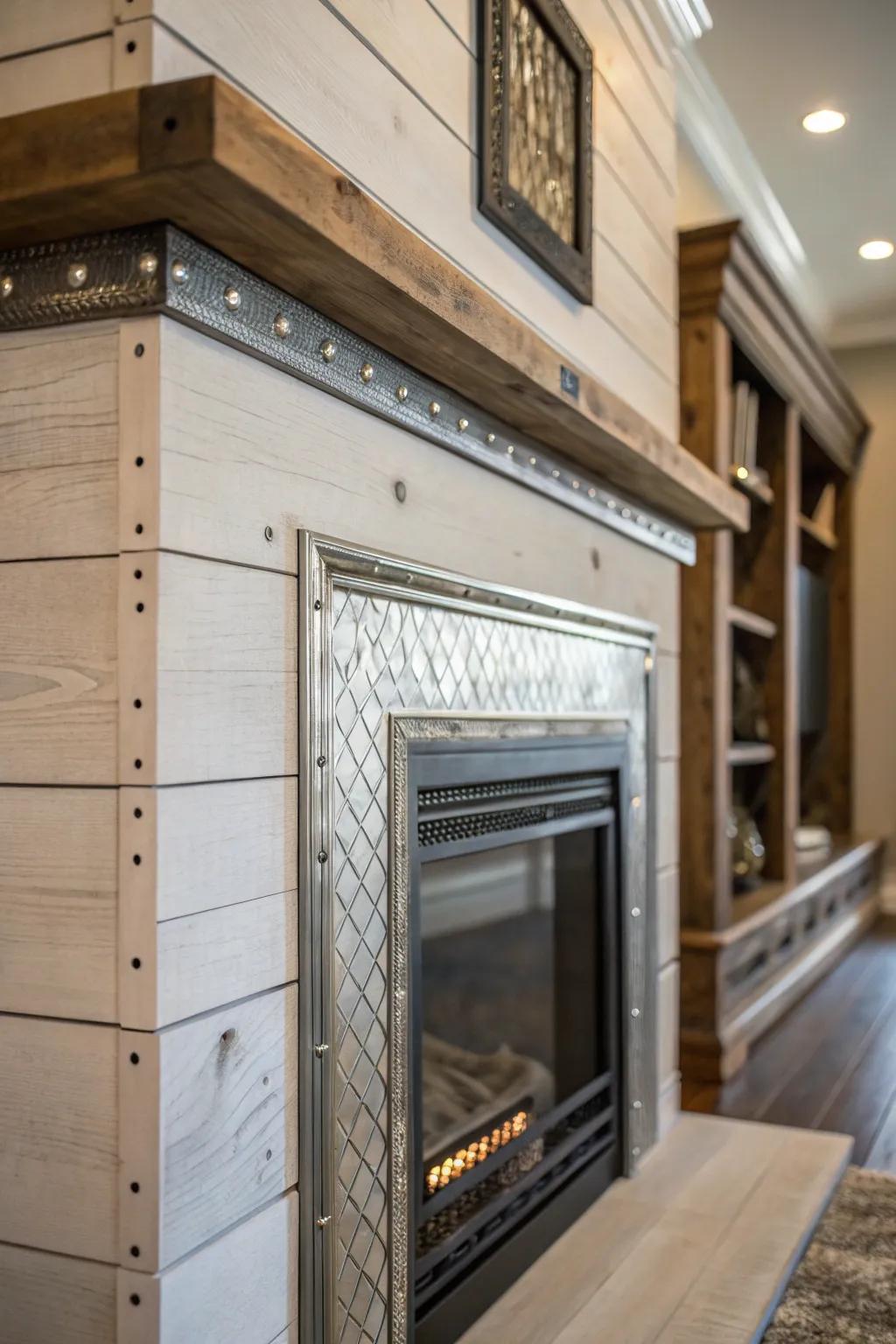 Mixed textures, including metal and wood, add depth to the shiplap fireplace.