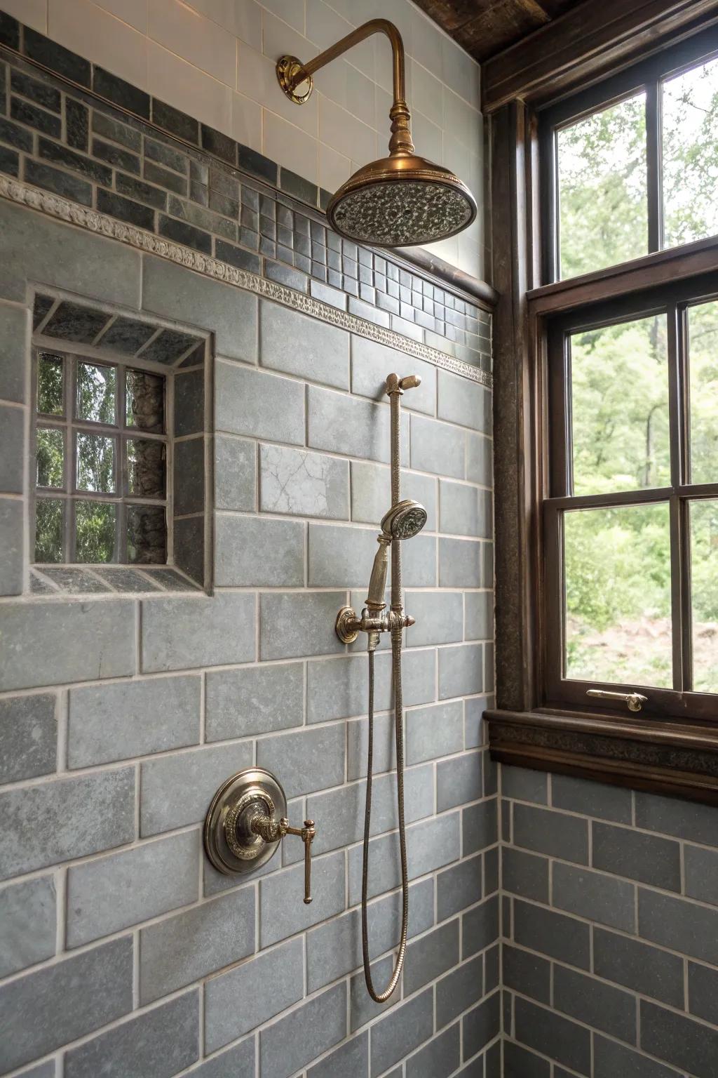 Vintage touches add charm to a grey-tiled shower.