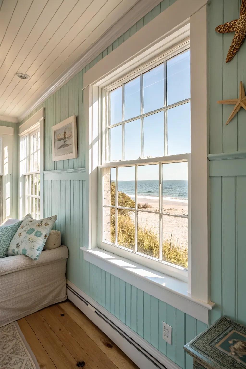 Grooved wall paneling trims add charming texture.