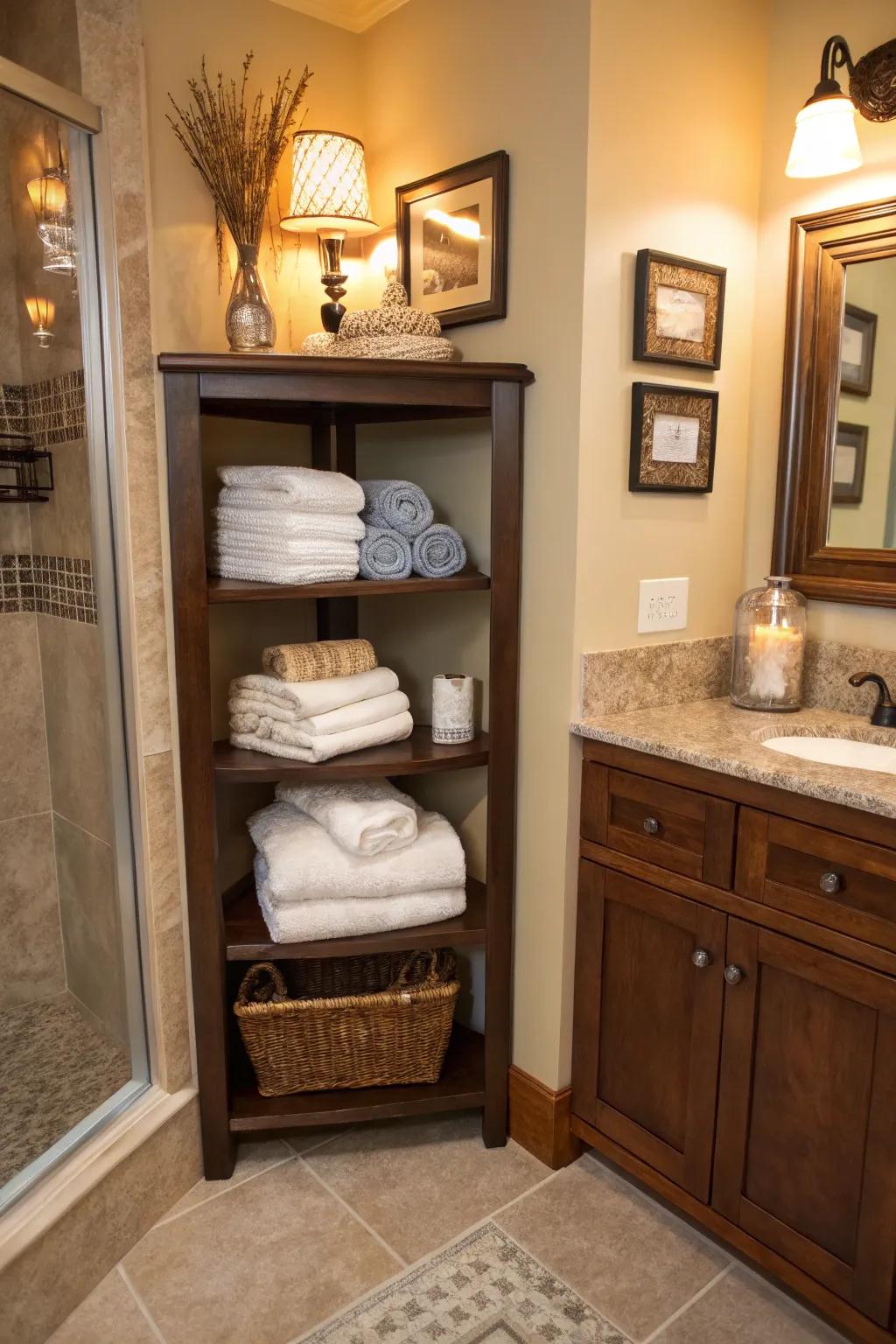 Corner shelving takes advantage of every inch of bathroom space.