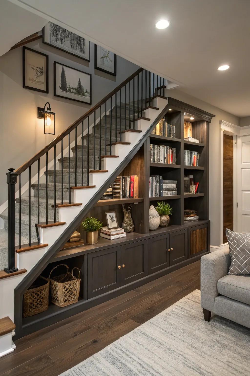 Staircase bookshelves make creative use of space.