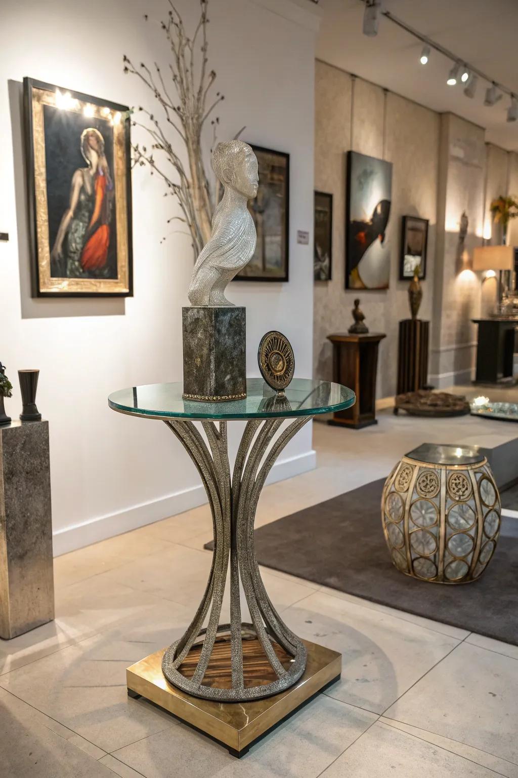 Artistic sculpture end table enhances the art-filled room.