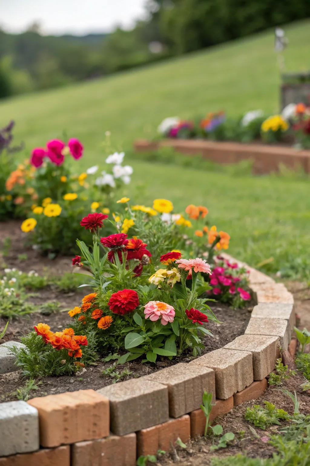 A sustainable small flower bed with charming recycled brick borders.