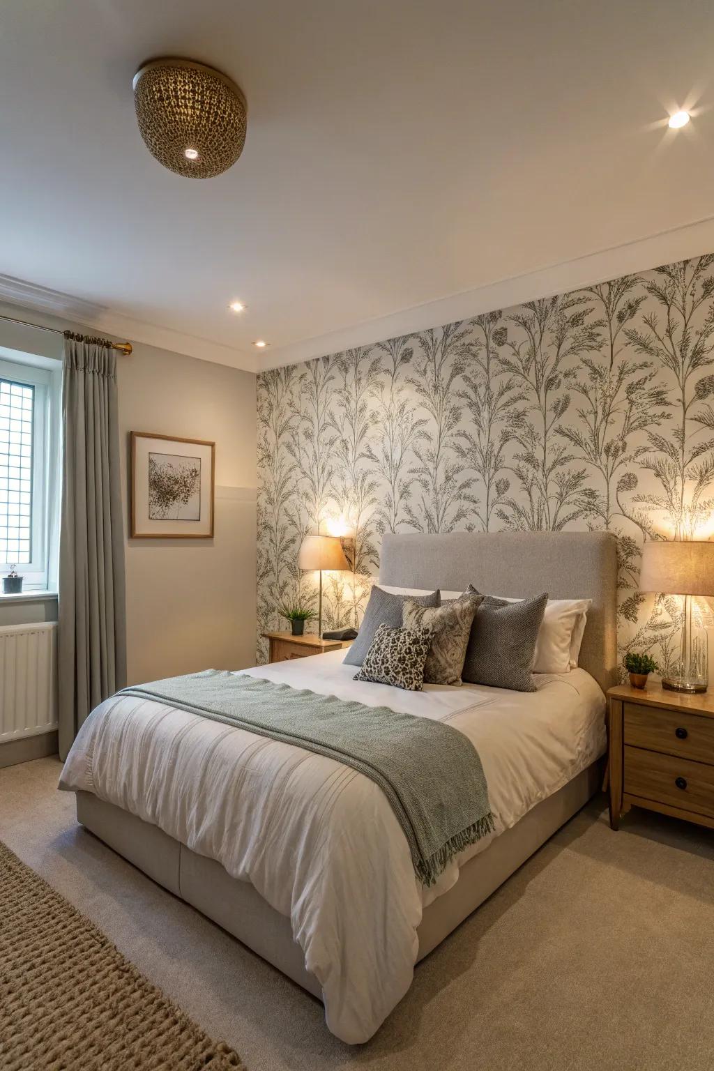 An emphasized wall introduces dimension to a small master bedroom.