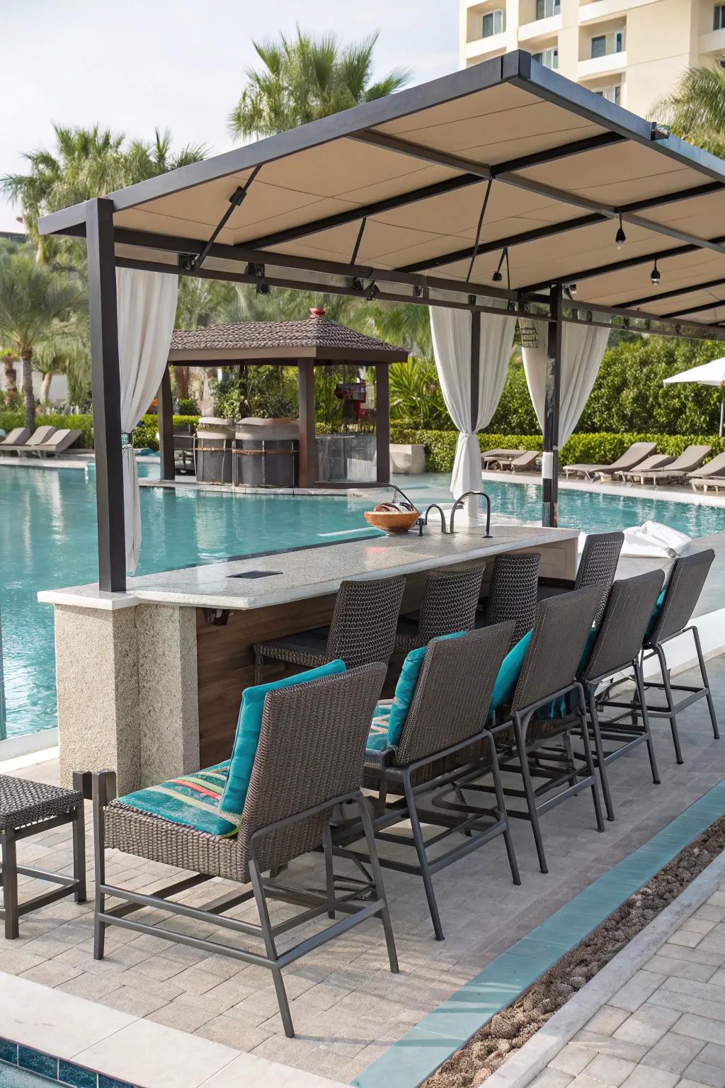 Convertible seating optimizes space and functionality in your pool bar.