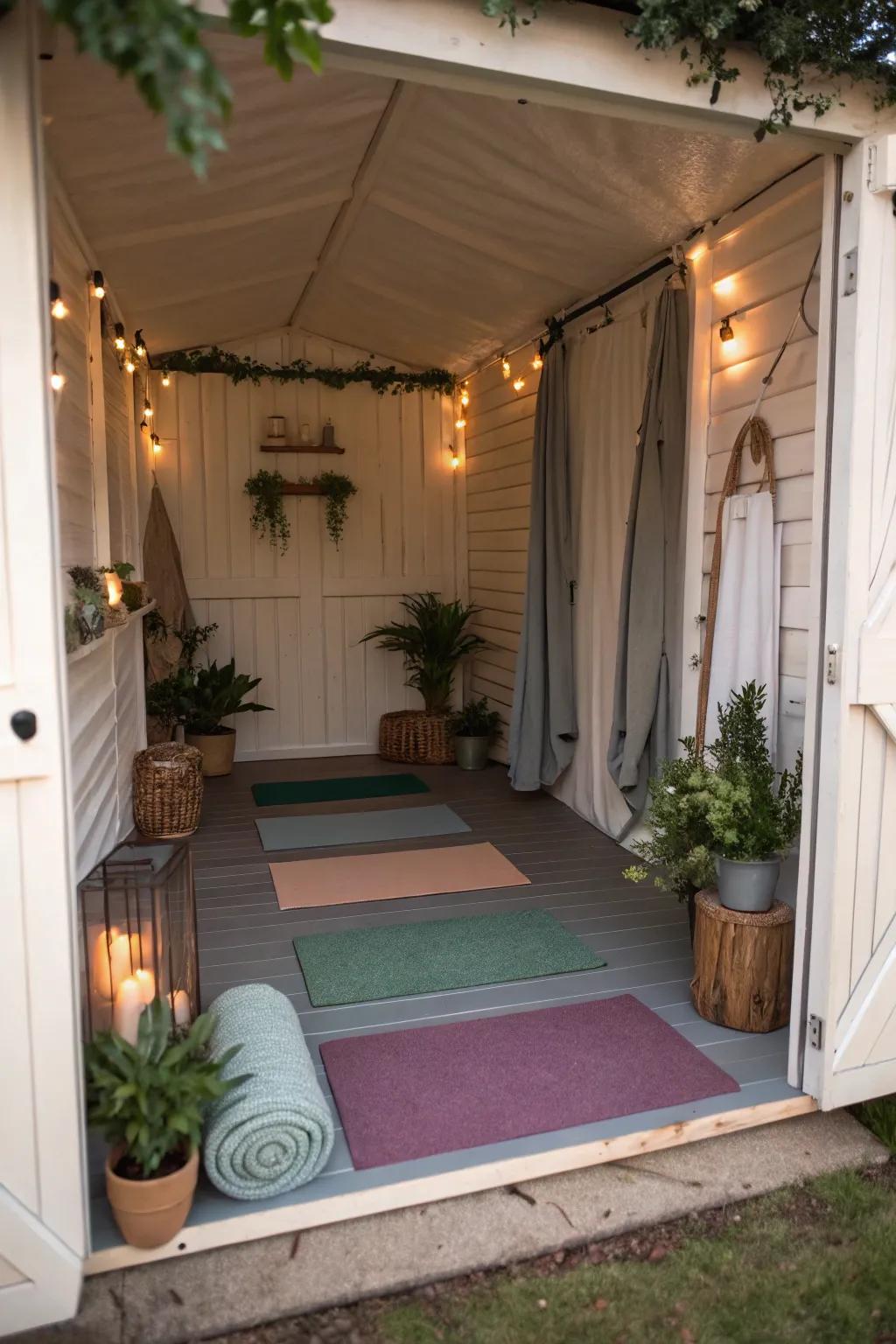 A serene yoga and meditation space within a small shed.