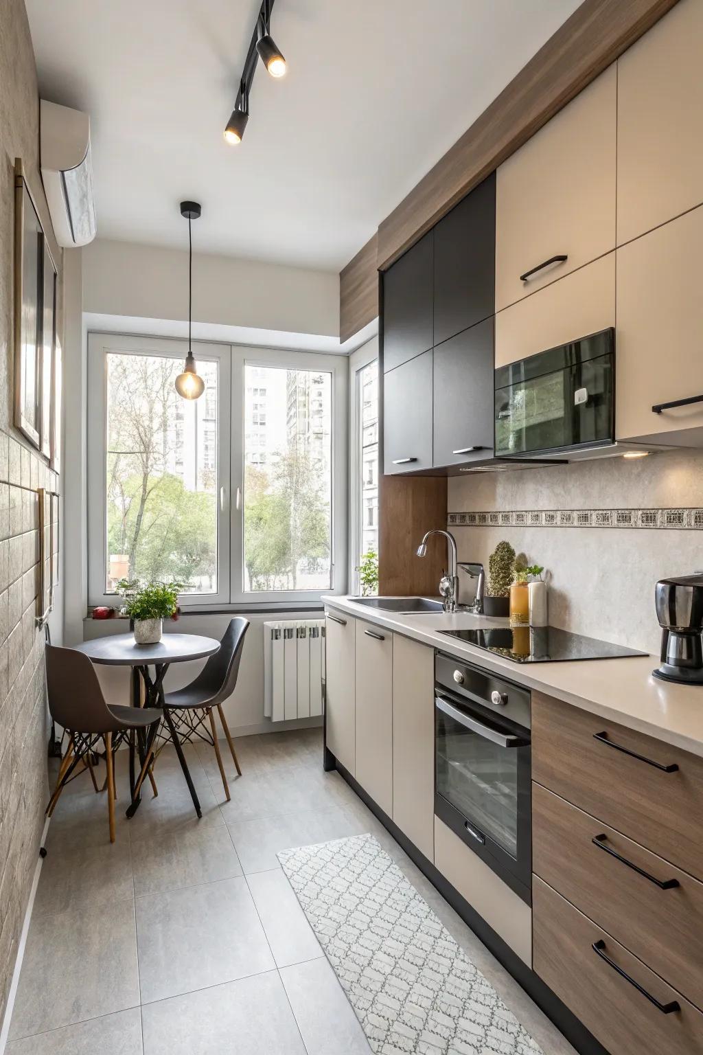 Two-tone cabinets add a dynamic touch to small kitchen designs.