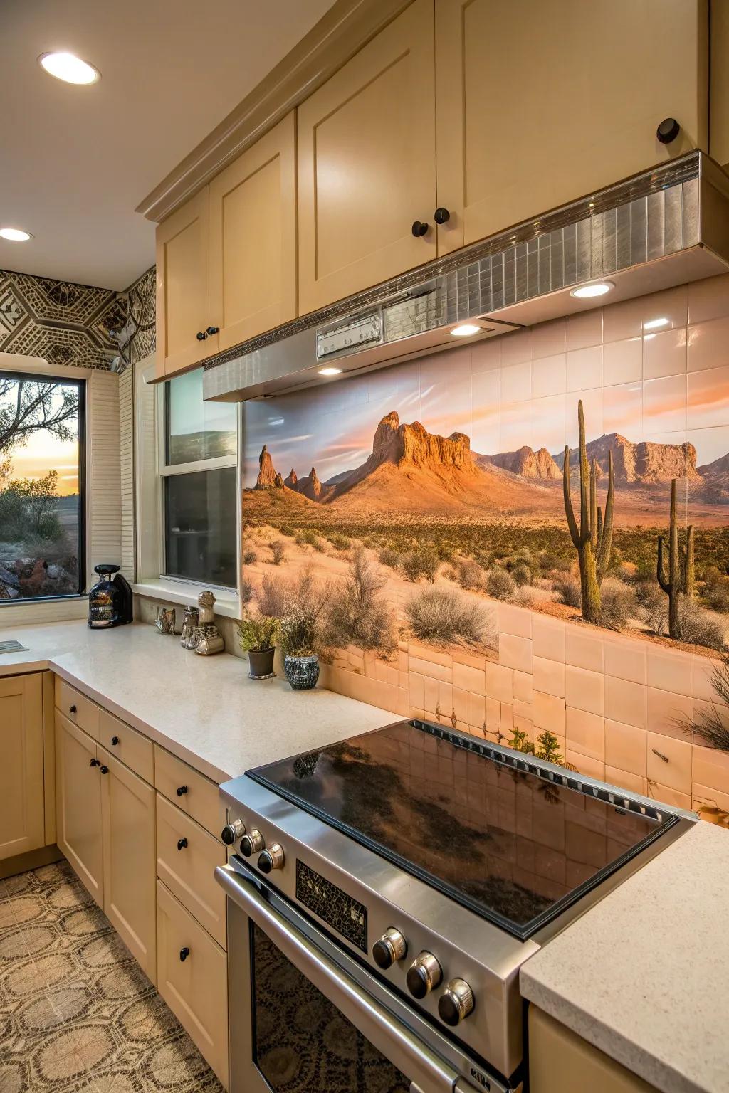 A desert landscape mural turns your backsplash into a stunning focal point.