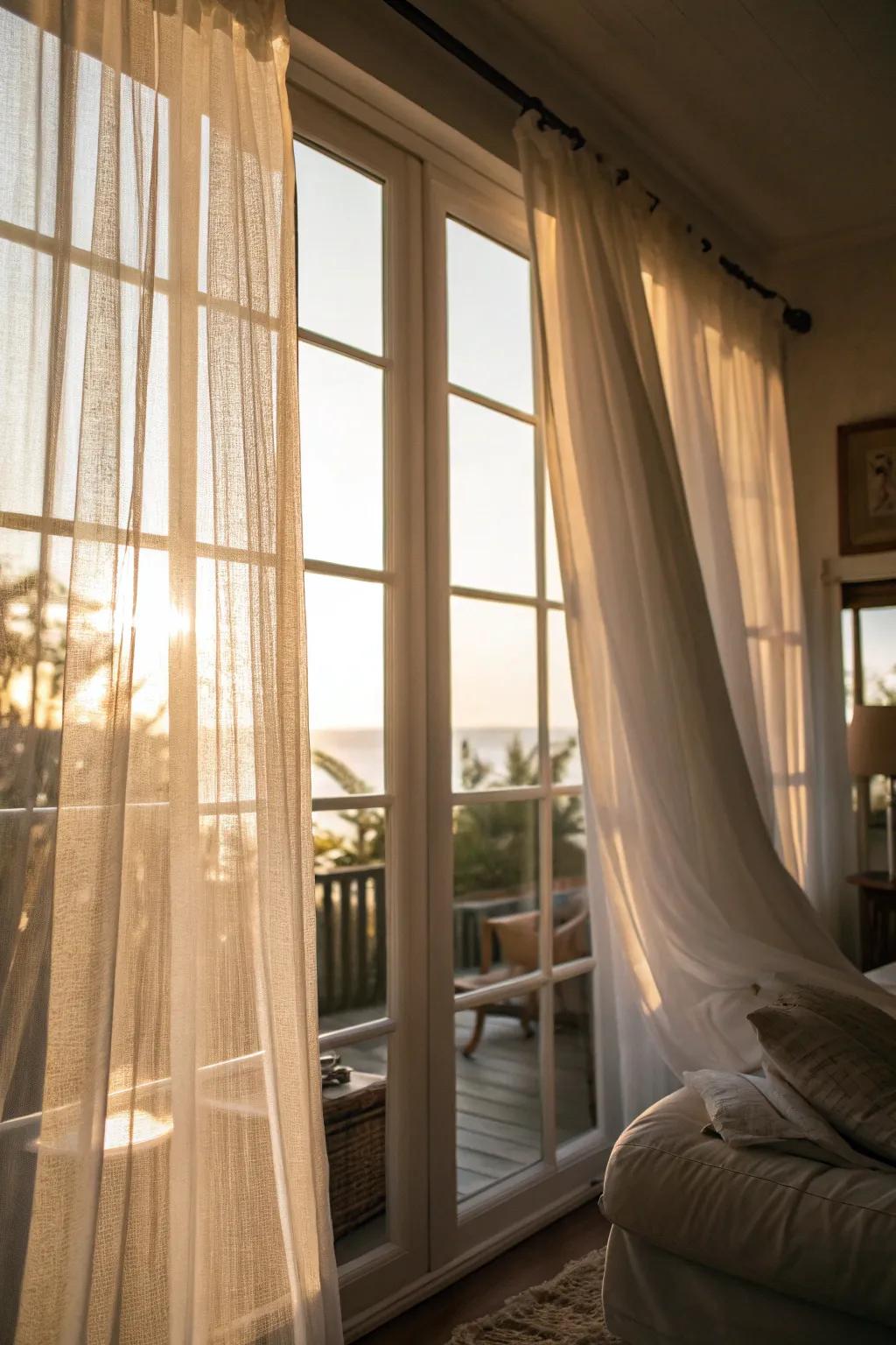 Sheer curtains allow soft sunlight, creating a warm spring ambiance.