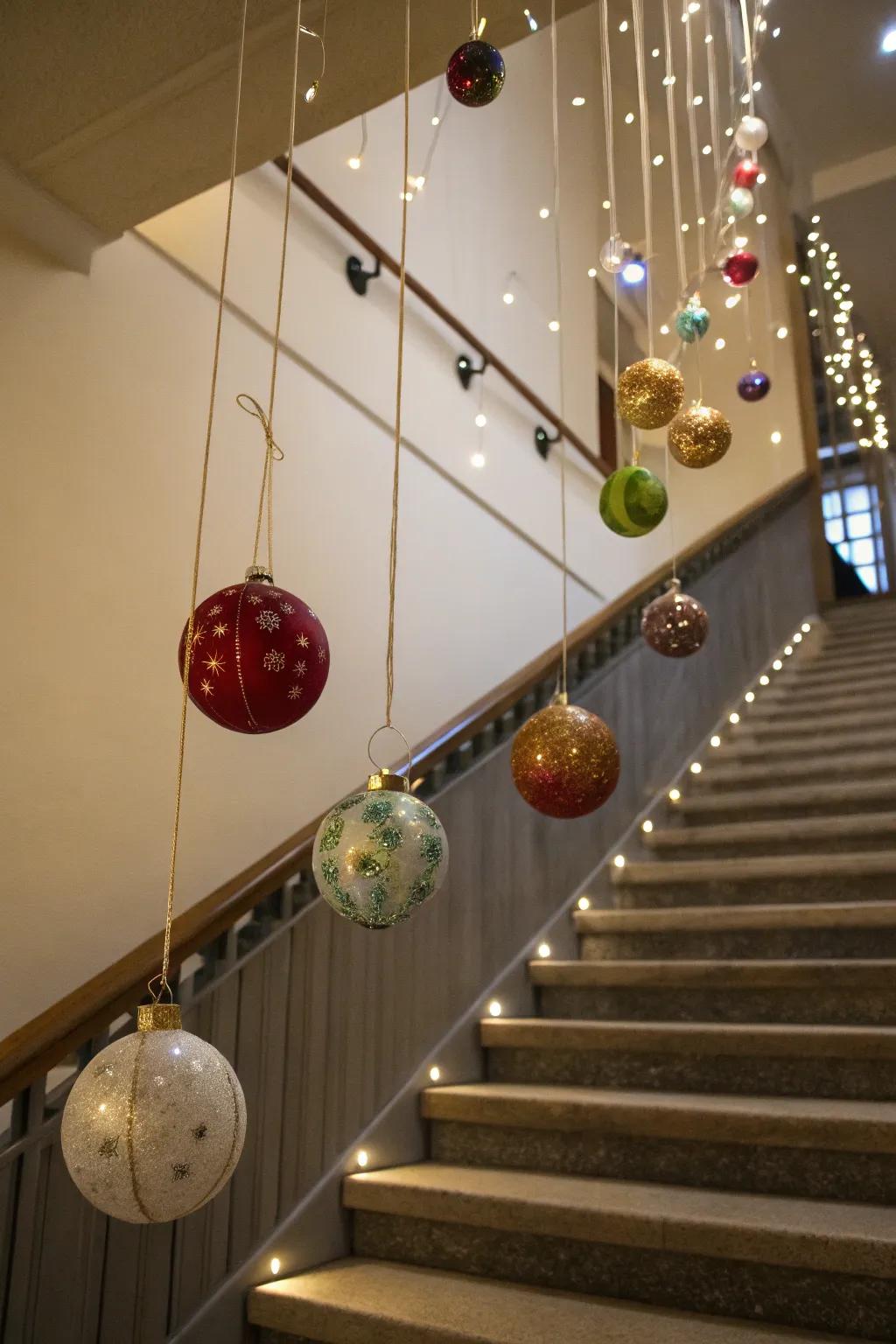 Floating ornaments create an unexpected surprise above the staircase.