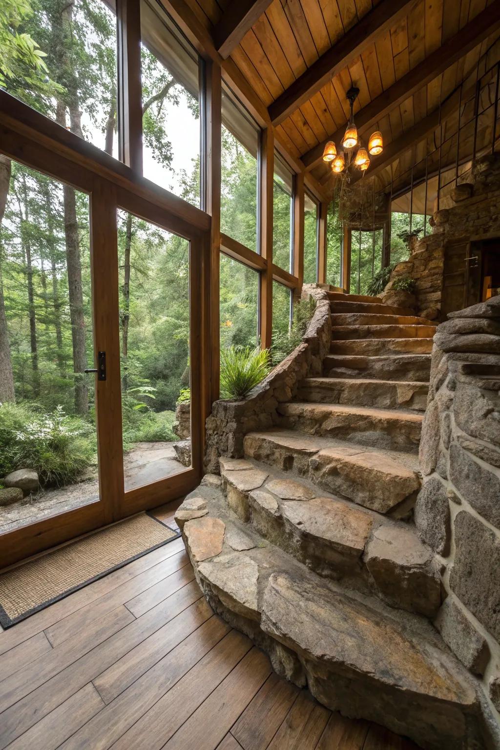 Rustic stone steps add texture and earthy appeal to this staircase.